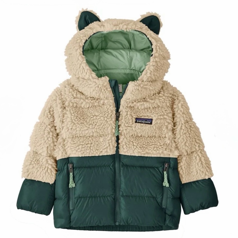 Patagonia Baby Hi-Loft Furry Friends Coat - Green and Cream Fleece 6-12 months